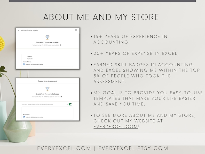 May include: A screenshot of a website with the text "ABOUT ME AND MY STORE" and a list of bullet points describing the owner's experience in accounting and Excel. The website address is EVERYEXCEL.COM.