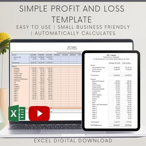 May include: A laptop and tablet showing a profit and loss template. The laptop screen displays an Excel spreadsheet, and the tablet shows a similar document. The text at the top reads "SIMPLE PROFIT AND LOSS TEMPLATE". The image also includes a play button and an Excel icon.