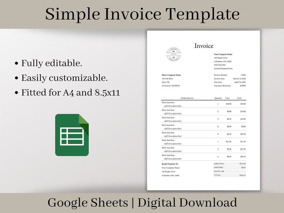 Simple Invoice Template Download, Google Sheets Spreadsheet, A Perfect ...