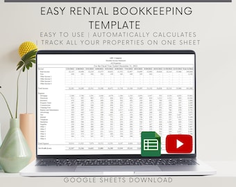 Könnte beinhalten: Ein Laptop-Bildschirm zeigt eine Google Sheets-Tabellenvorlage für einfache Mietbuchhaltung. Die Vorlage enthält eine monatliche Gewinn- und Verlustrechnung mit Spalten für Einnahmen und Ausgaben sowie einen Bereich zur Verfolgung aller Immobilien auf einem Blatt. Die Tabelle ist mit "ABC Company Monthly Income Statement" betitelt und der Text "Easy Rental Bookkeeping Template" wird oben auf dem Bildschirm angezeigt.
