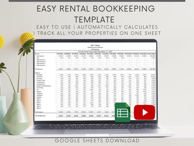 May include: A laptop screen displaying a Google Sheets spreadsheet template for easy rental bookkeeping. The template includes a monthly income statement with columns for income and expenses, and a section for tracking all properties on one sheet. The spreadsheet is titled "ABC Company Monthly Income Statement" and the text "Easy Rental Bookkeeping Template" is displayed at the top of the screen.