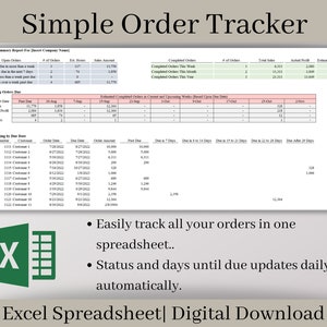Puede incluir: Una plantilla de hoja de cálculo para el seguimiento de pedidos. La hoja de cálculo incluye secciones para el resumen de pedidos, los pedidos próximos y el envejecimiento de los pedidos por fecha de vencimiento. La hoja de cálculo está diseñada para ayudar a los usuarios a realizar un seguimiento fácil de todos sus pedidos en un solo lugar y actualizar automáticamente los días hasta la fecha de vencimiento.