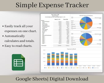 May include: A Google Sheets spreadsheet template for tracking expenses. The spreadsheet includes a chart showing monthly expenses by category, a pie chart showing the breakdown of monthly expenses, and a pie chart showing the breakdown of year-to-date expenses. The text on the spreadsheet says "Simple Expense Tracker".