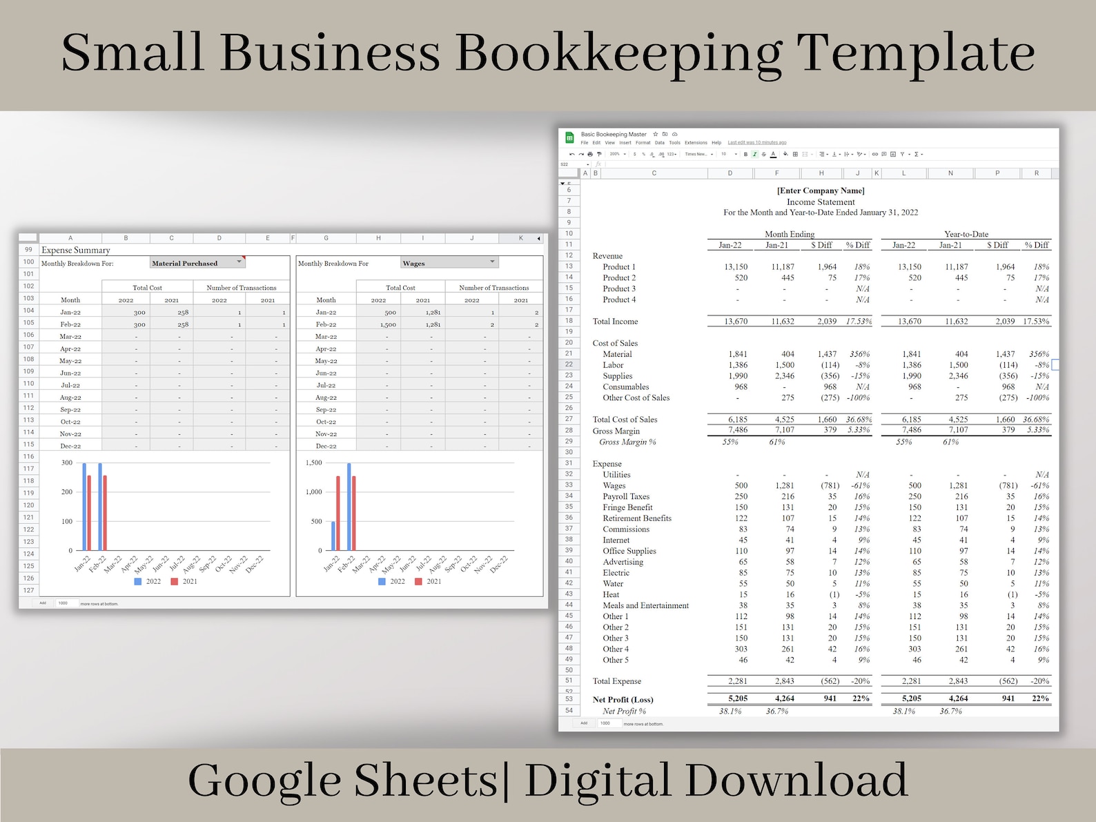 Small Business Bookkeeping Spreadsheet: Profit and Loss (google Sheets ...