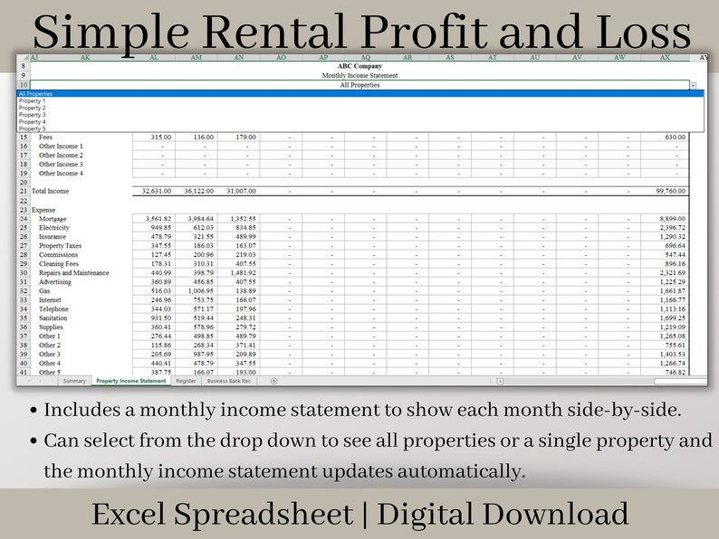 Rental Statement Spreadsheet, Excel Landlord Template, Rental