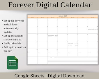 Forever Digital Calendar, Google Sheets Digital Planner Template, Use this monthly calendar for any year and start your week on any day.