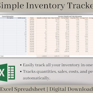 Inventory Tracker, Inventory Management Spreadsheet, Excel Template, Track sales, purchases, profit, and quantities on hand for your items.