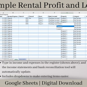 May include: A spreadsheet with a table titled "Simple Rental Profit and Loss". The table has columns for date, income expense, check number, cleared, payer, bank account, property, category, and amount. The spreadsheet is designed to track rental income and expenses.