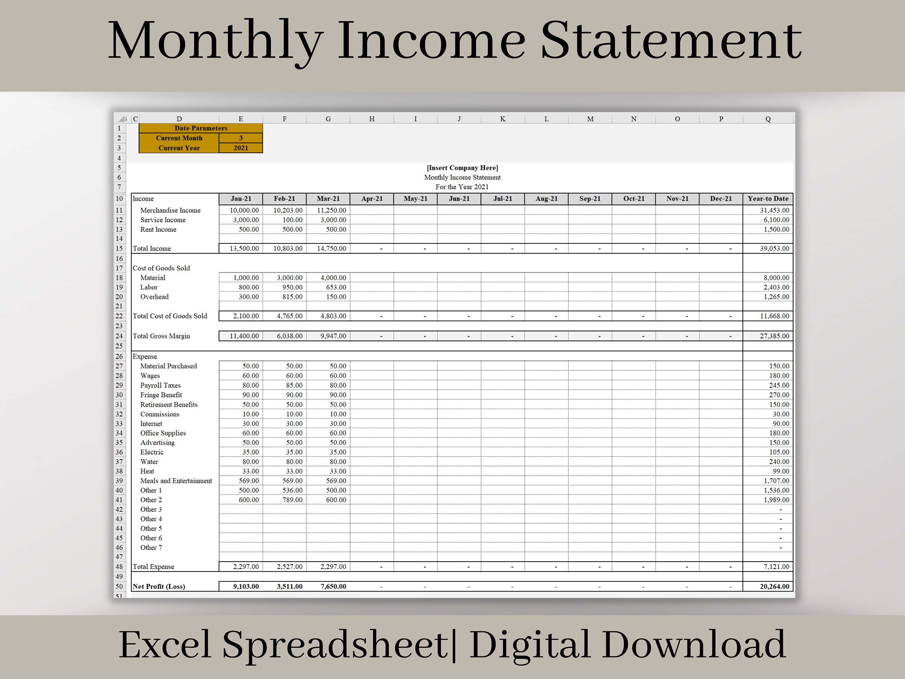 Monthly Statement Excel Template Fillable Profit and Loss