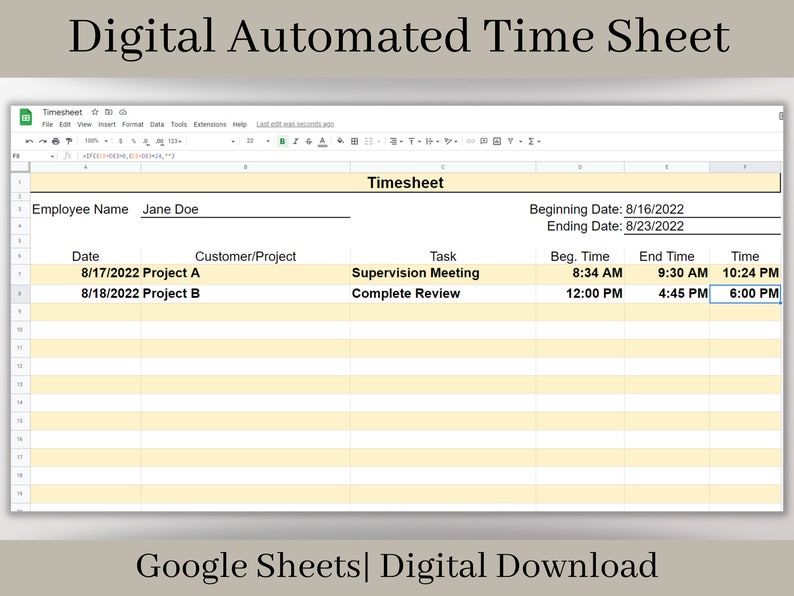 Simple Time Tracker, Google Sheets Template, PDF Printouts Included, Made in 5 Colors Etsy
