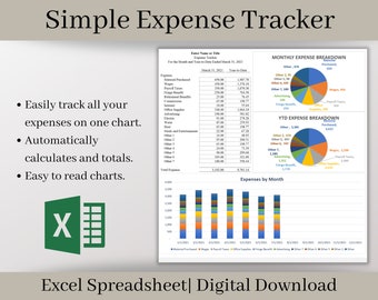 Simple Expense Tracker,  Excel Template, Automatically Calculates and Groups Expenses