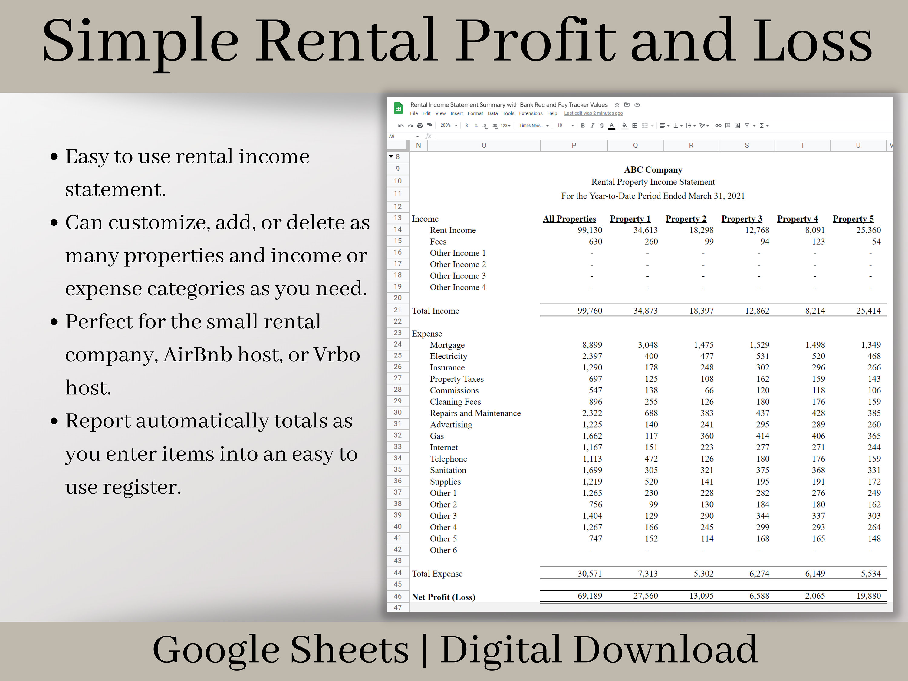 Rental Income Statement Spreadsheet: Airbnb/vrbo Landlord Profit and ...