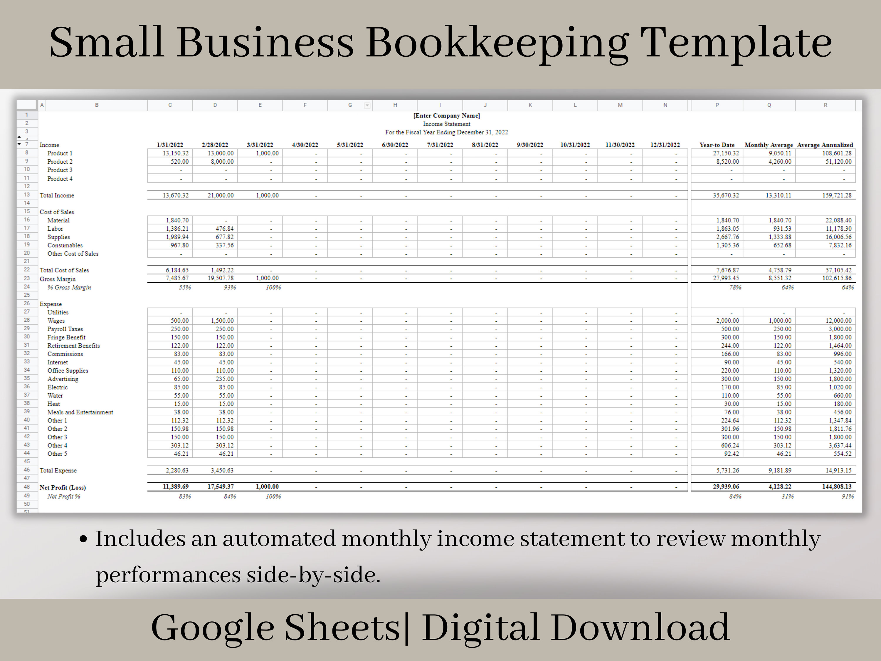 Small Business Bookkeeping Spreadsheet: Profit and Loss (google Sheets ...