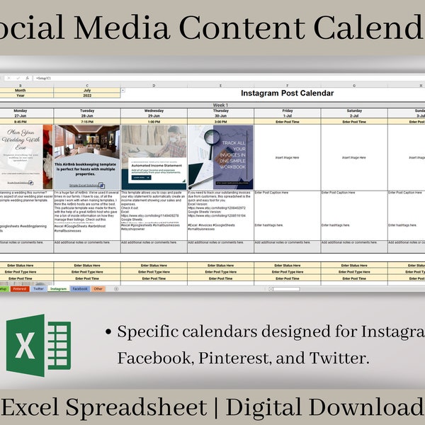 Social Media Content Calendar, Excel Content Planner Template, Individual calendars designed for Facebook, Instagram, Twitter, and Pinterest