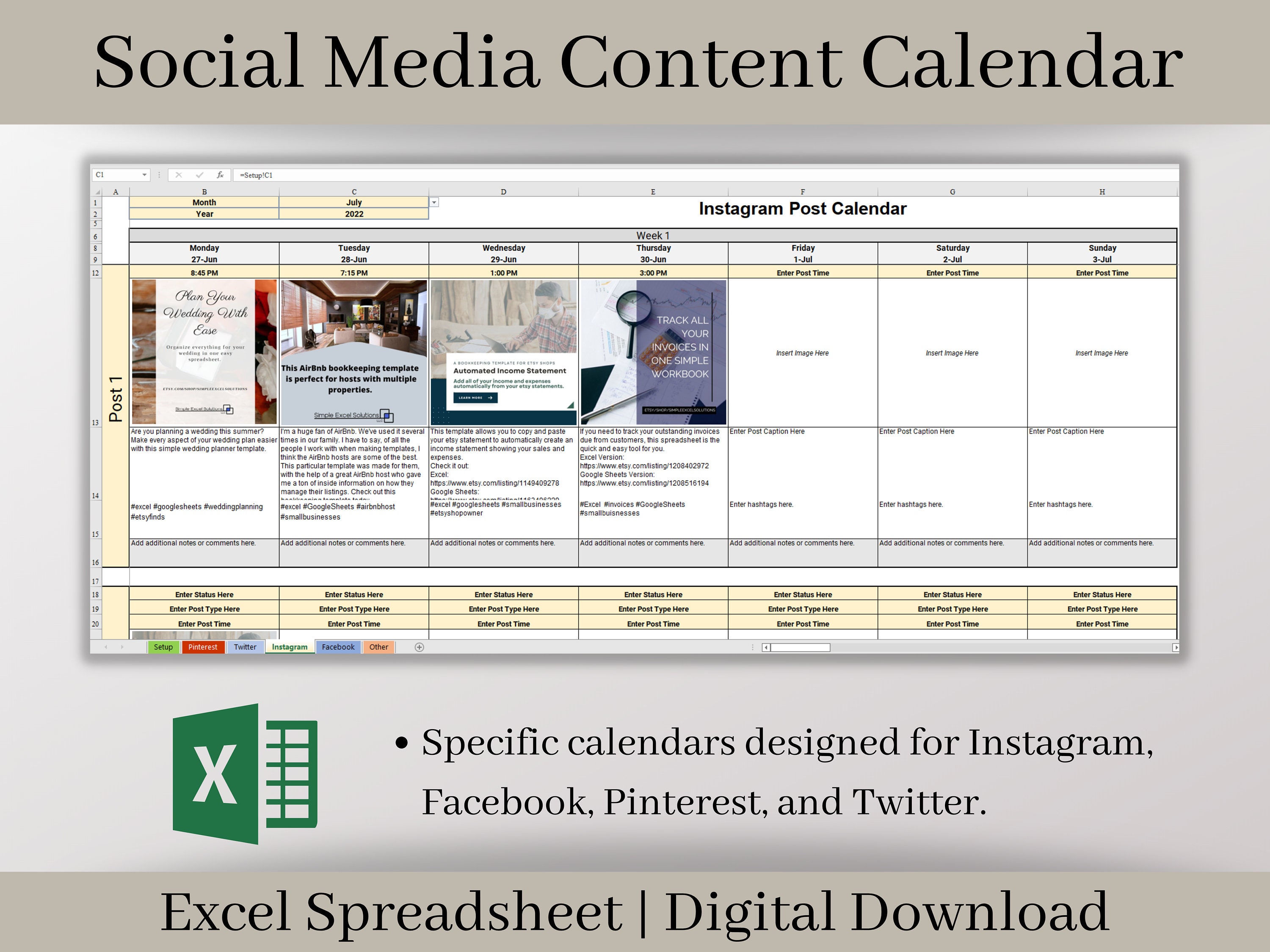 Social Media Content Calendar, Excel Content Planner Template, Individual  Calendars Designed for Facebook, Instagram, Twitter, and Pinterest - Etsy