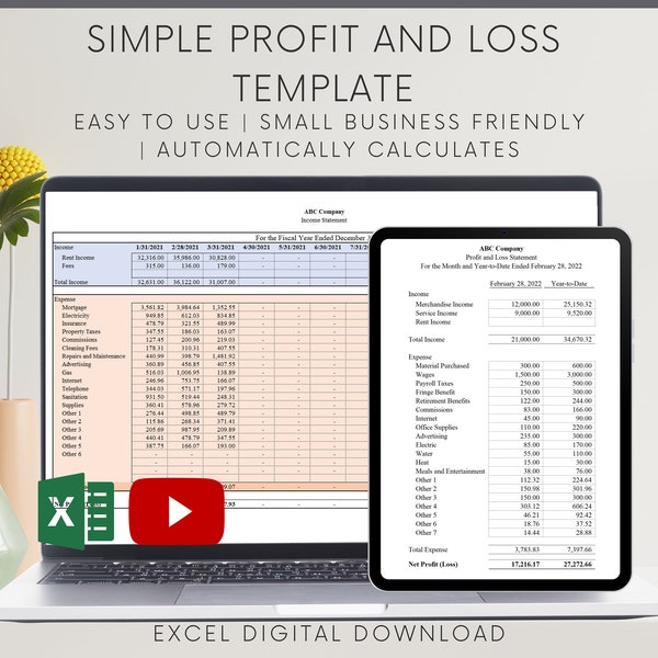 Automated Profit and Loss Statement, Excel Template,  Easy to Use Bookkeeping Spreadsheet for Your Small Business or Side Hustle