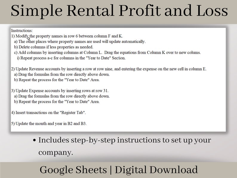 May include: A screenshot of a Google Sheets spreadsheet with instructions on how to set up a simple rental profit and loss spreadsheet. The instructions include steps on how to modify property names, update revenue and expense accounts, insert transactions, and update the month and year.