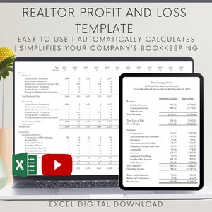 May include: A digital download template for real estate agents to track their profit and loss. The template is in an Excel spreadsheet format and includes a sample profit and loss statement for December 2023. The template is easy to use and automatically calculates profit and loss.