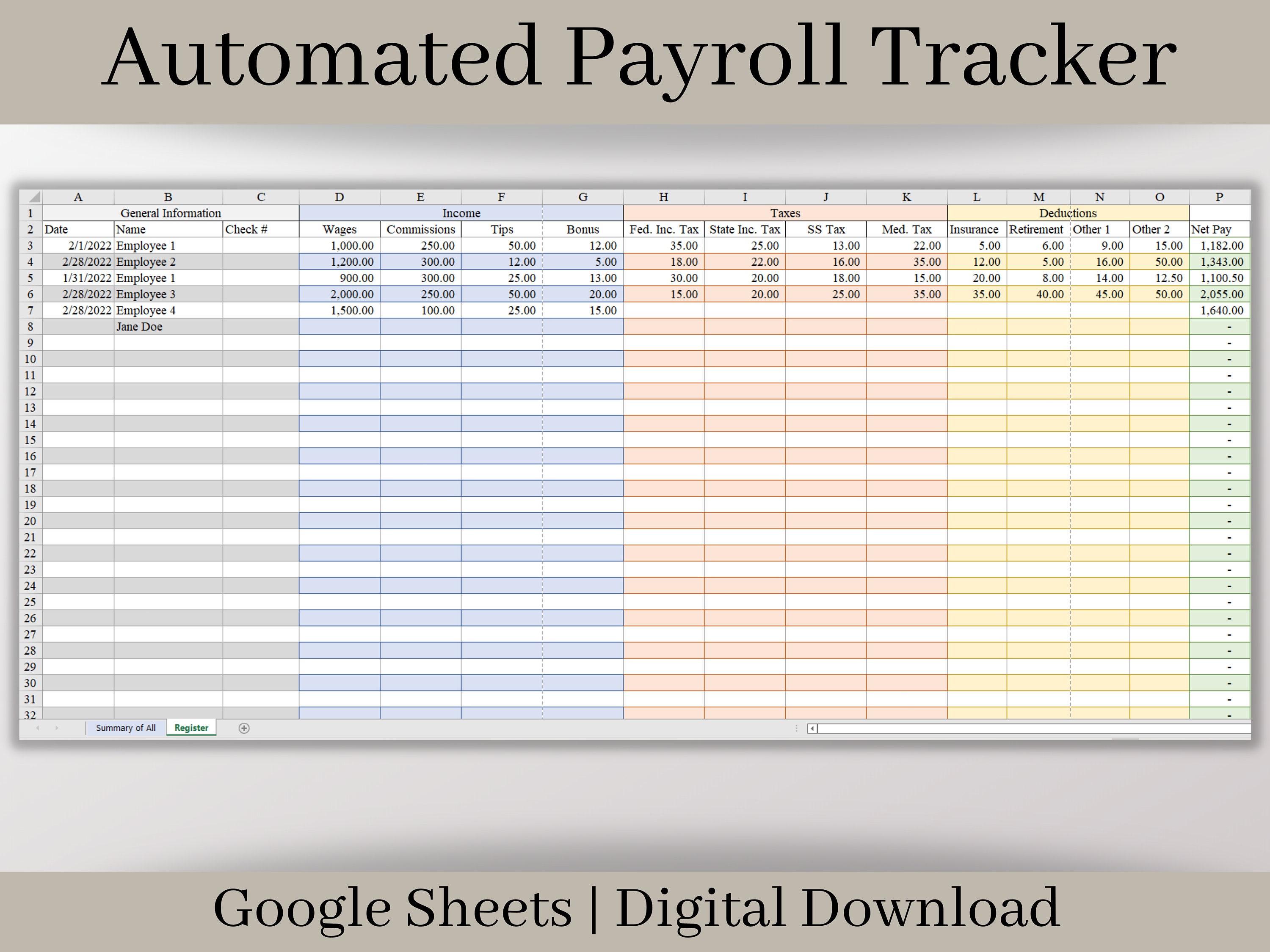 Automated Payroll Report Template: Google Sheets (digital Download) - Etsy