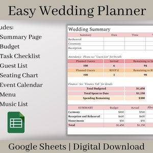 Easy Wedding Planner, Google Sheets Wedding Spreadsheet, Wedding Budget Spreadsheet, Wedding Checklist, Wedding Guest List and Seating Chart