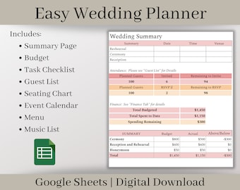 Einfacher Hochzeitsplaner: Google Sheets Tabelle (Digitaler Download)