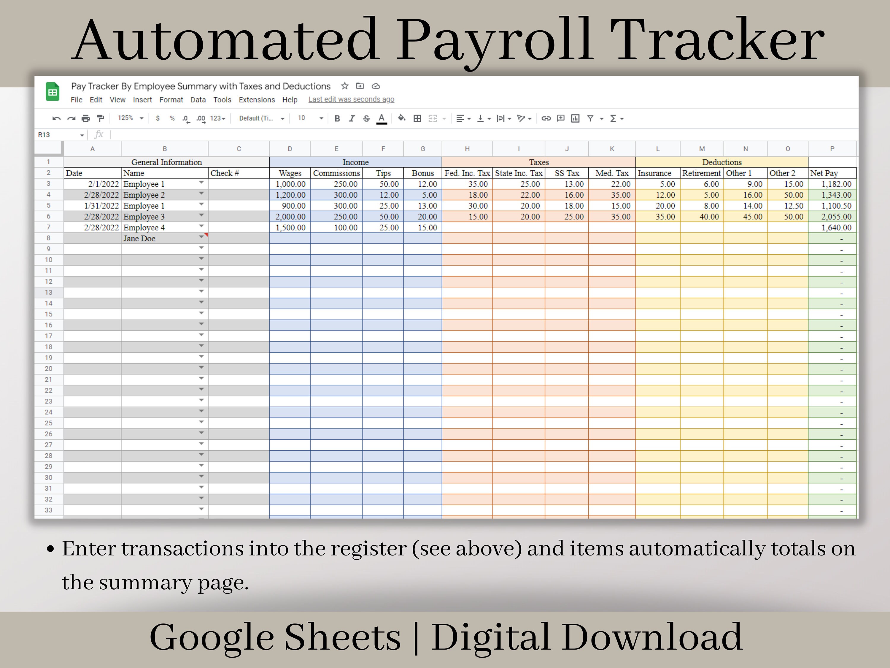 Automated Payroll Report Template: Google Sheets (digital Download) - Etsy