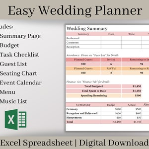 Easy Wedding Planner, Excel Wedding Template, Wedding Budget Spreadsheet, Wedding Checklist, Wedding Guest List, Wedding Seating Chart