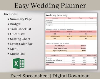 Plantilla de Excel para planificador de bodas: presupuesto, lista de verificación y lista de invitados (descarga digital)