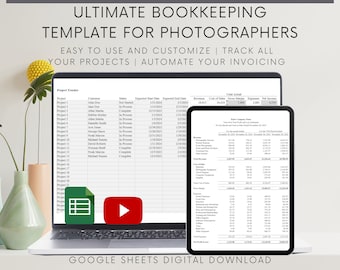 May include: A laptop computer displaying a Google Sheets spreadsheet template for photographers. The spreadsheet includes columns for project number, customer name, status, expected start date, expected end date, revenue, cost of sales, gross margin, expenses, and net income. The spreadsheet is titled "Ultimate Bookkeeping Template for Photographers". The laptop is on a table with a green plant and a pink vase.
