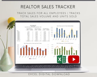 May include: A laptop computer displaying a spreadsheet with charts and graphs tracking realtor sales volume and units sold by month, quarter, and year-to-date. The spreadsheet is titled "Realtor Sales Tracker" and includes the text "Track Sales for All Employees | Tracks Total Sales Volume and Units Sold". The laptop is on a white surface with a yellow flower and a green vase in the background. The image also includes an Excel icon and a play button.