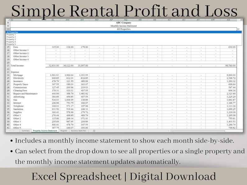 Rental Income Statement Spreadsheet, Custom Fiscal Year, Excel Landlord ...