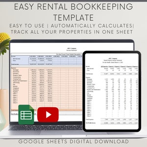 Può includere: Un computer portatile che mostra un modello di foglio di calcolo di Google Sheets per una facile contabilità degli affitti. Il foglio di calcolo è intitolato "ABC Company" e include colonne per entrate, spese e profitto netto. Il modello è progettato per tenere traccia di tutte le proprietà in affitto su un unico foglio e calcola automaticamente i totali. L'immagine include anche un'icona di pulsante di riproduzione, suggerendo che è disponibile un tutorial o un video.