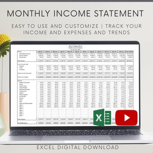 May include: A laptop computer screen displaying a monthly income statement spreadsheet template in Microsoft Excel. The spreadsheet is titled "Income Statement" and includes columns for income, expenses, and net profit. The spreadsheet is designed to help users track their income and expenses over time.