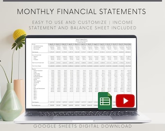 Puede incluir: Una pantalla de computadora portátil que muestra una hoja de cálculo de Google Sheets con una plantilla de estado financiero mensual. La hoja de cálculo incluye columnas para ingresos, gastos y ganancias netas. El título de la hoja de cálculo es "Estados financieros mensuales".