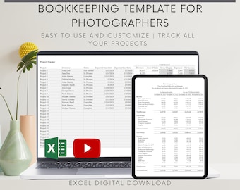 May include: A laptop computer displaying a spreadsheet template for photographers. The spreadsheet is titled "Project Tracker" and includes columns for customer, status, expected start date, expected end date, revenue, cost of sales, gross margin, expenses, and net income. The spreadsheet is accompanied by a play button icon, suggesting a tutorial or video guide. The laptop is on a table with a plant in a green vase and a plant in a pink vase.
