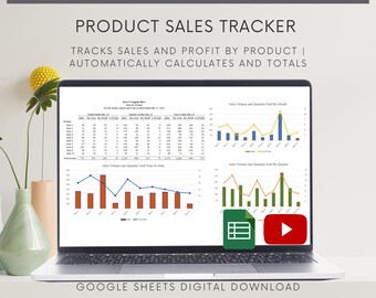 May include: A laptop computer screen displaying a Google Sheets spreadsheet with a product sales tracker. The spreadsheet includes charts and graphs showing sales volume and quantity sold by month, quarter, and year-to-date. The spreadsheet is titled "Product Sales Tracker" and includes the text "Tracks sales and profit by product | Automatically calculates and totals".