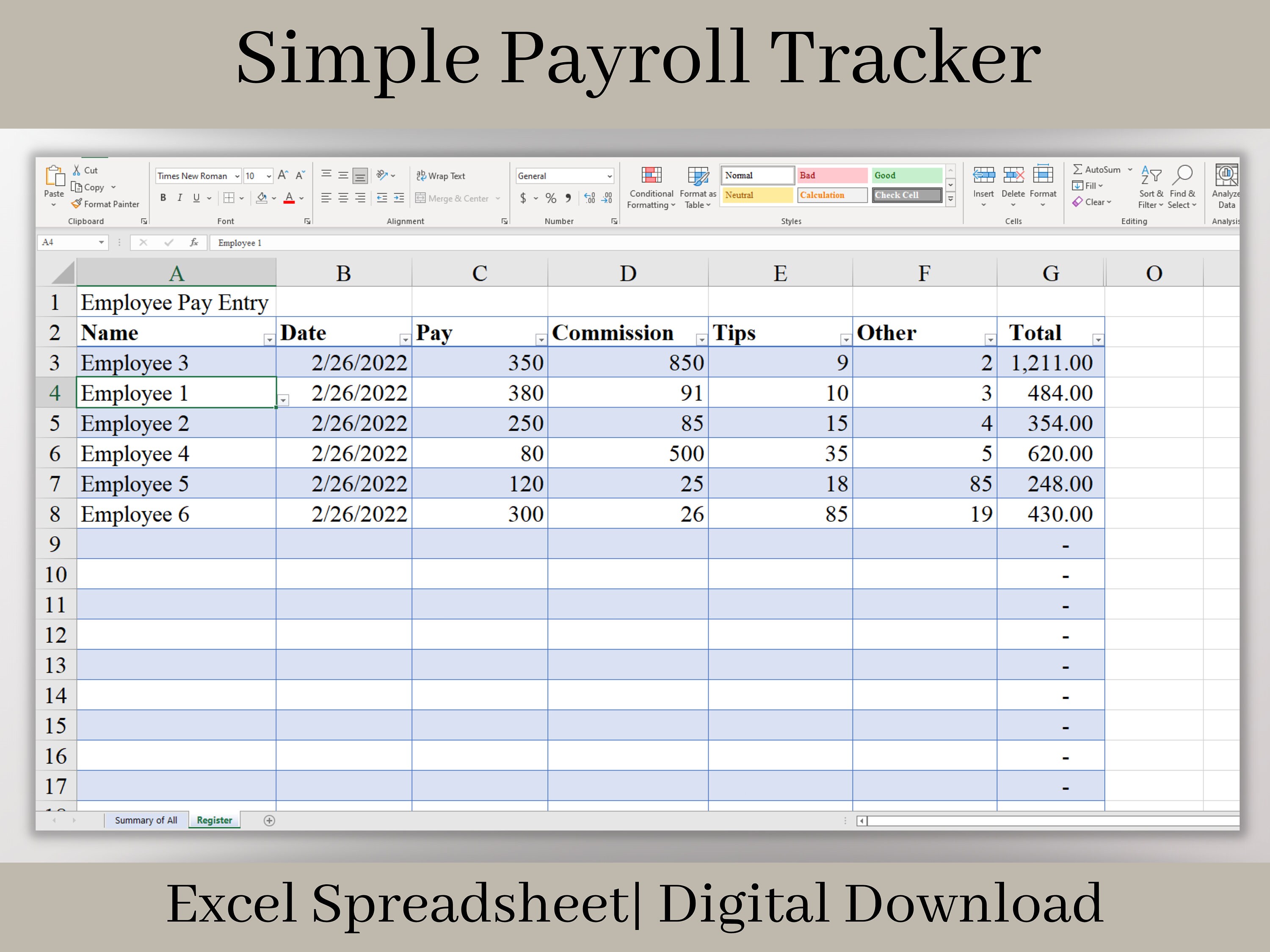 Summary Payroll Report, Easy to Use Employee Payroll Tracker, Summarize Each Payroll Check Into