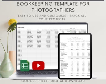 May include: A laptop computer displaying a Google Sheets spreadsheet template for photographers. The spreadsheet includes columns for project name, customer, status, expected start date, expected end date, revenue, cost of sales, gross margin, expenses, and net income. The spreadsheet is designed to help photographers track their projects and finances. The laptop is on a table with a vase of flowers in the background.