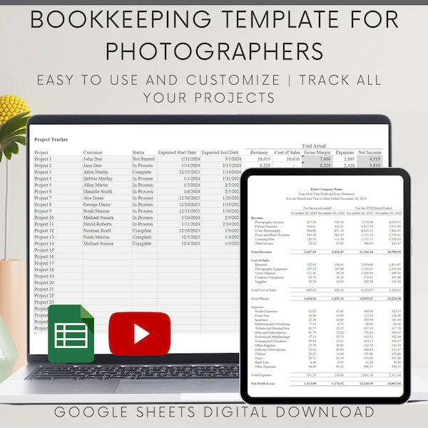 Plantilla de contabilidad simple para fotógrafos, hoja de cálculo de Google Sheets, realice un seguimiento de sus ingresos y gastos para todos sus proyectos en minutos.