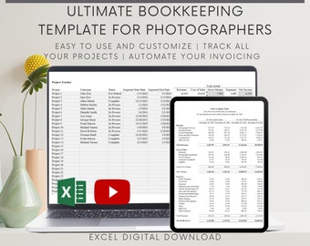 May include: A laptop computer displaying a spreadsheet template for photographers. The spreadsheet is titled "Ultimate Bookkeeping Template for Photographers" and includes columns for project details, client name, status, expected start date, expected end date, revenue, cost of sales, gross margin, expenses, and net income. The spreadsheet is designed to help photographers track their projects and automate their invoicing. The laptop is on a table with a green plant and a pink vase.