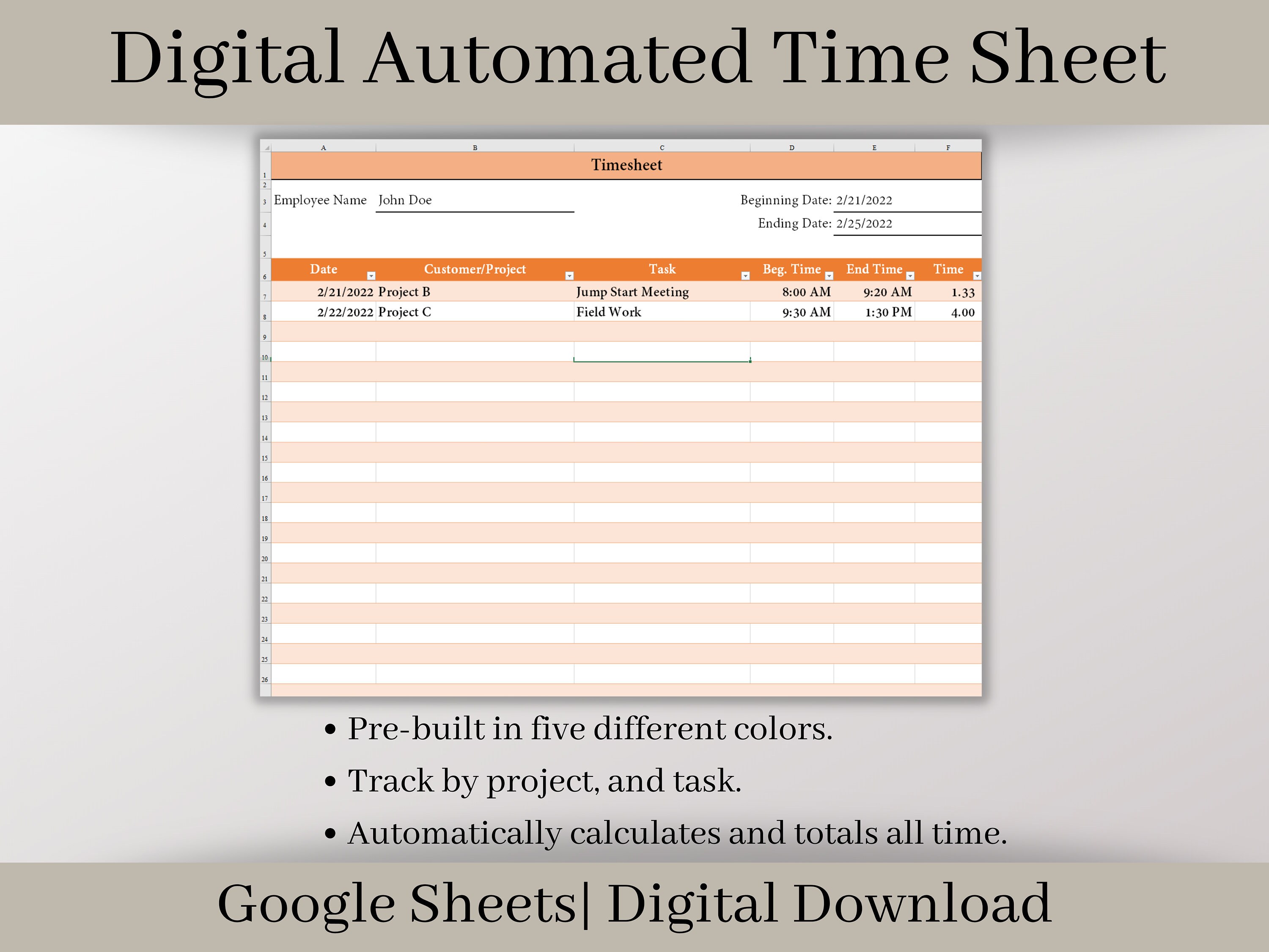 Simple Time Tracker, Google Sheets Template, PDF Printouts Included