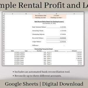 May include: A Google Sheets spreadsheet template for a bank reconciliation report. The spreadsheet includes a section for bank statement balance, outstanding checks, outstanding deposits, reconciled balance, ledger balance, and difference. It also includes a section for outstanding transaction details with columns for date, type, number, name, and amount.