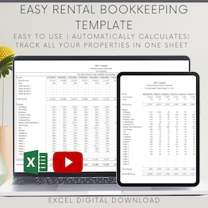 May include: A laptop computer displaying a spreadsheet template for easy rental bookkeeping. The template is designed to track all properties on one sheet and automatically calculates income and expenses. The spreadsheet is labelled "Easy Rental Bookkeeping Template" and is available for digital download.
