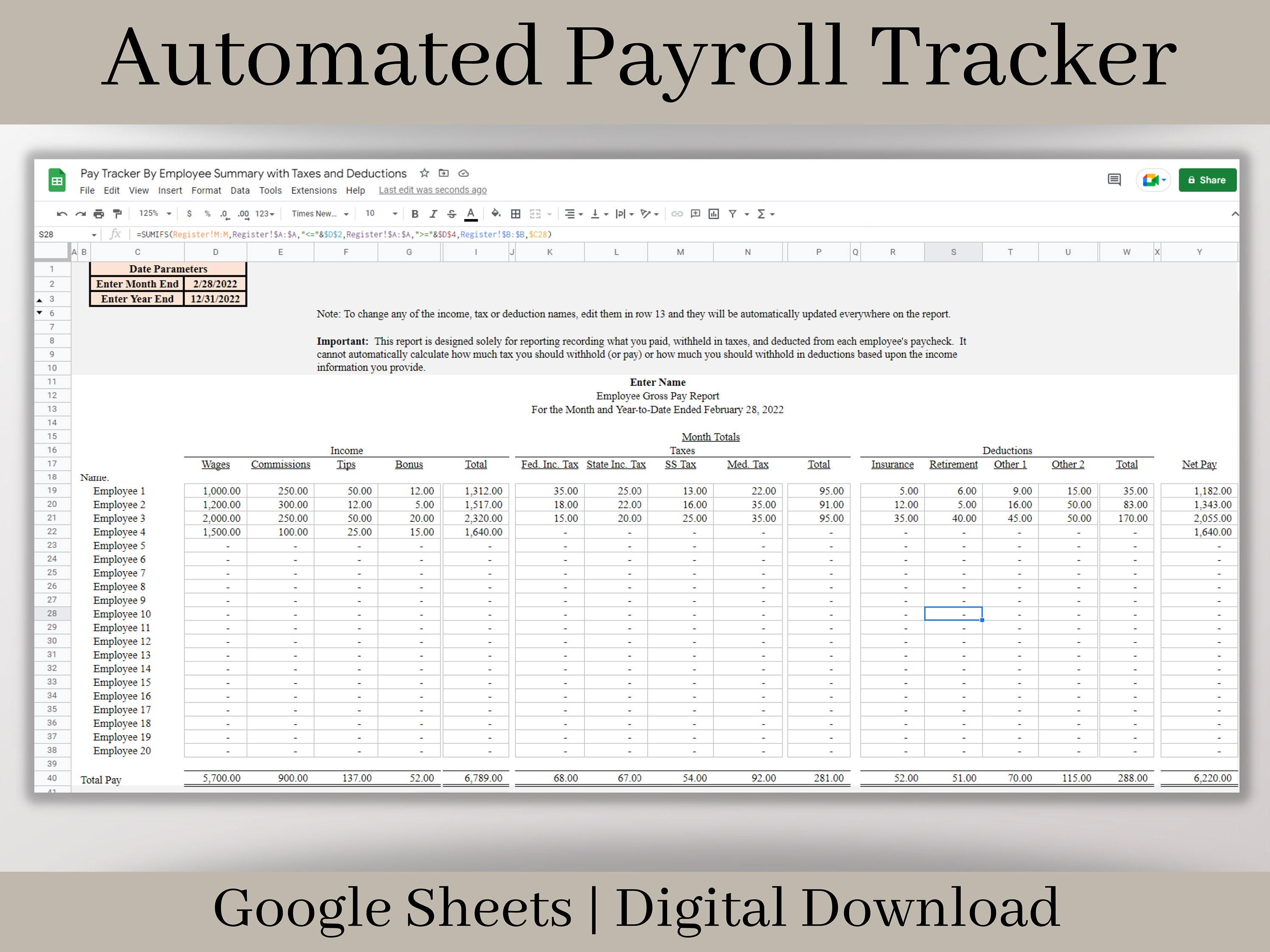 Automated Payroll Report Template: Google Sheets (digital Download) - Etsy