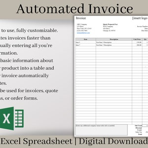 Automated Excel Invoice Template: Customizable Spreadsheet (Digital Download)