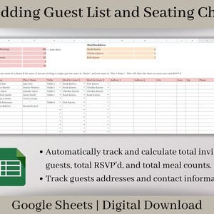 May include: A printable wedding guest list and seating chart template in a Google Sheets format. The template includes sections for guest names, RSVP status, meal choices, and contact information. The template is designed to automatically track and calculate total invited guests, RSVP'd guests, and total meal counts.