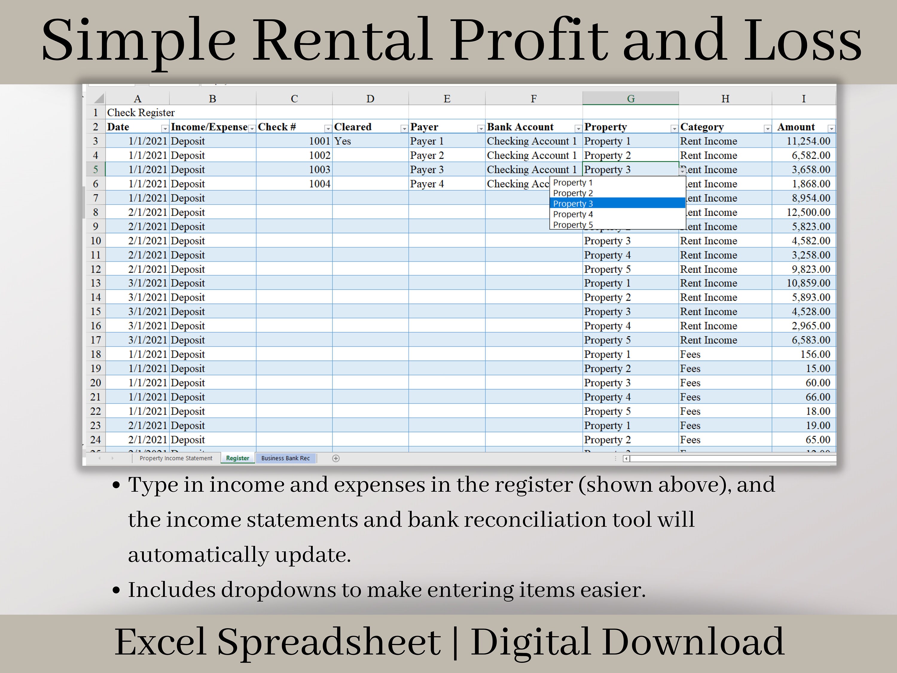Rental Statement Spreadsheet and Bank Reconciliation Tool, Excel
