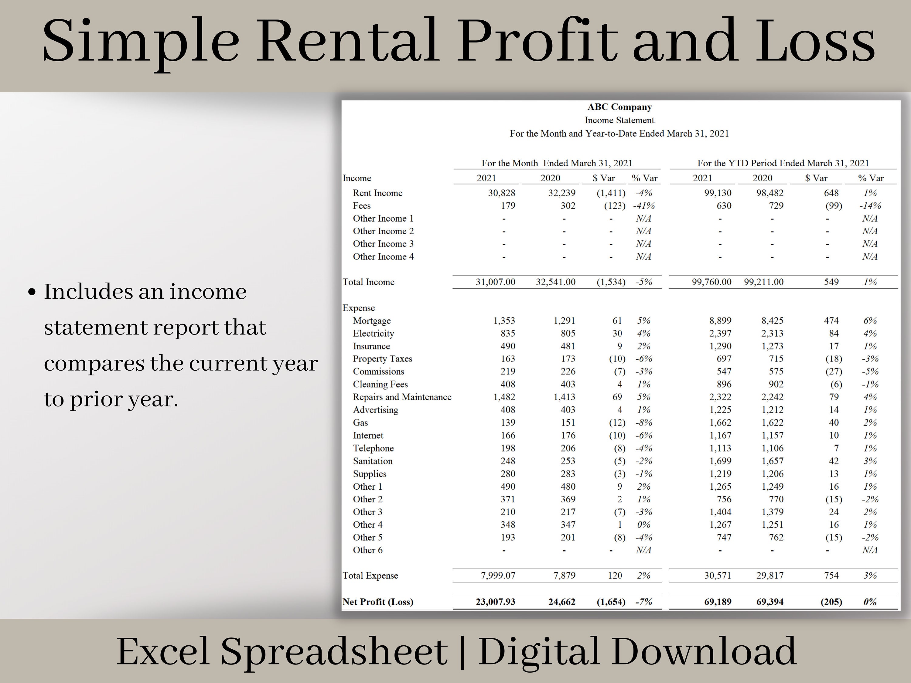 Rental Income Statement Spreadsheet Excel Landlord Template - Etsy
