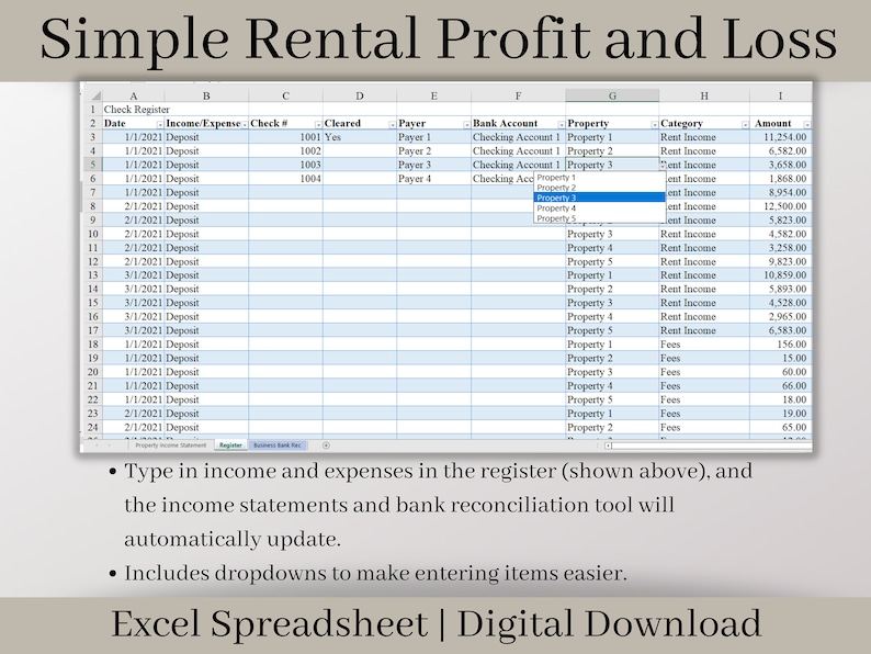 Rental Income Statement Spreadsheet, Custom Fiscal Year, Excel Landlord ...