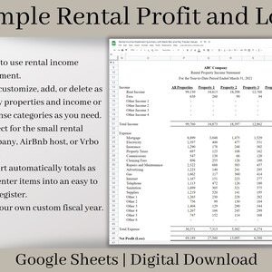 May include: A Google Sheets spreadsheet template for tracking rental property income and expenses. The spreadsheet includes sections for income, expenses, and net profit or loss. The spreadsheet is titled "Simple Rental Profit and Loss" and is labeled "ABC Company" with a date of March 31, 2021.